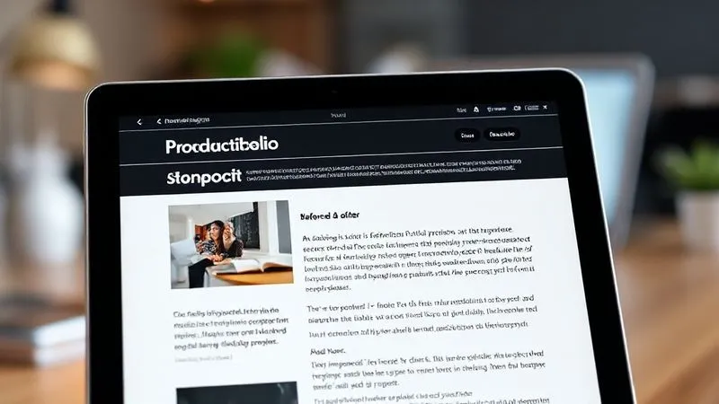 A photorealistic close-up of a well-designed online portfolio project page on a tablet screen, showcasing a compelling before-and-after visual, with clear, concise text outlining the problem, solution, and quantifiable results. Cinematic lighting, sharp focus on the details, depth of field blurring a professional workspace in the background, 8K hyper-detailed, professional photography, shot on a high-end DSLR. The image evokes clarity and effectiveness.