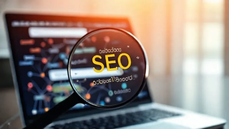 A photorealistic image of a magnifying glass hovering over a vibrant, interconnected network of keywords and content bubbles, symbolizing SEO strategy. In the background, a professional laptop screen displays a Google search results page. Cinematic lighting, sharp focus on the magnifying glass and keyword network, depth of field blurring the screen, 8K hyper-detailed, professional photography, shot on a high-end DSLR. The image conveys precision and strategic search.
