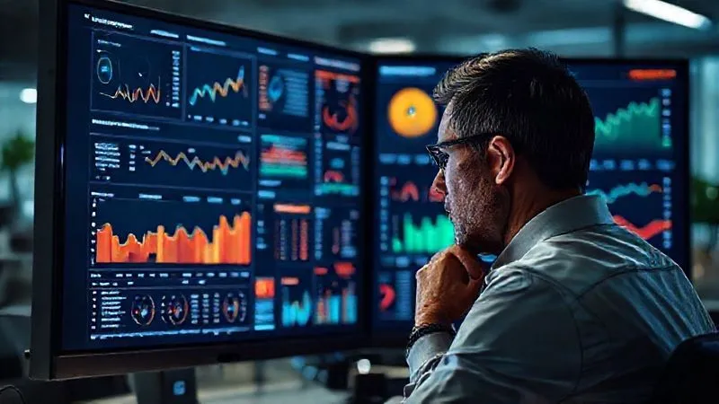 A photorealistic image of a person intently analyzing a complex digital analytics dashboard on a large monitor, with various graphs, charts, and metrics showing website performance. The person has a thoughtful, focused expression. Cinematic lighting, sharp focus on the dashboard, depth of field blurring the office background, 8K hyper-detailed, professional photography, shot on a high-end DSLR. The image conveys data-driven decision-making and continuous improvement.