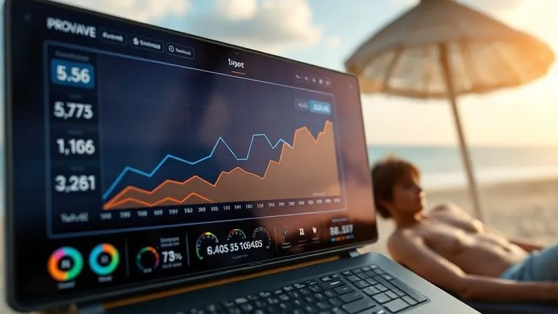 A photorealistic image of a digital product dashboard displaying a steep growth curve, with multiple sales notifications appearing simultaneously. The dashboard is sleek and modern, bathed in cinematic lighting, sharp focus on the growth metrics, depth of field blurring a background of a person relaxing on a beach, 8K hyper-detailed, shot on a high-end DSLR.