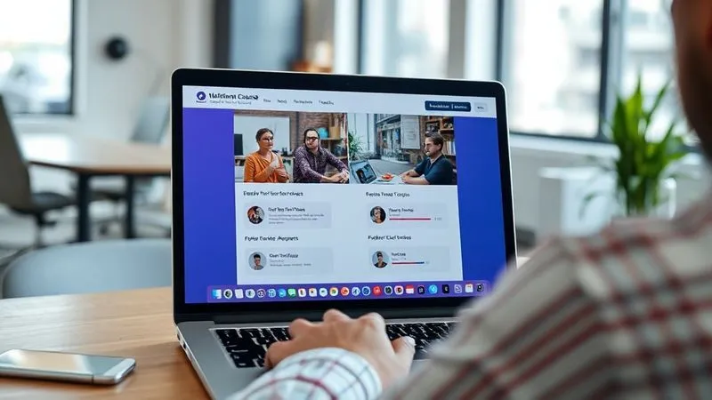 A photorealistic image of a person focused on a laptop screen, displaying a beautifully designed online course interface with modules and progress bars. The workspace is clean and minimalist, with natural light, cinematic lighting, sharp focus on the screen, depth of field blurring a modern office background, 8K hyper-detailed, shot on a high-end DSLR.