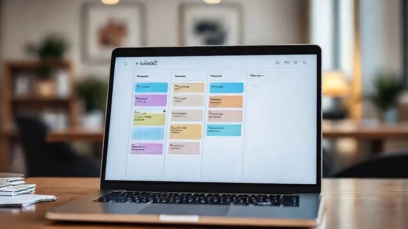 A photorealistic image of a minimalist, clean Trello board on a laptop screen, displaying various colorful cards organized into logical lists like 'A Fazer', 'Em Andamento', 'Revisão', and 'Concluído'. The board is uncluttered, with clear labels and a sense of calm order. Cinematic lighting, sharp focus on the screen, depth of field blurring a subtle office background, 8K hyper-detailed, professional photography, shot on a high-end DSLR.