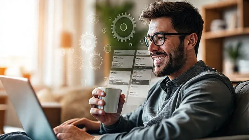A photorealistic image of a freelancer looking relaxed and smiling, sipping coffee while a stylized, transparent overlay of gears and automated processes are visibly working on a Trello board on a laptop screen in the background. The freelancer is in a comfortable, modern home office setting. Cinematic lighting, sharp focus on the freelancer's face and the laptop, depth of field blurring the background, 8K hyper-detailed, professional photography, shot on a high-end DSLR.