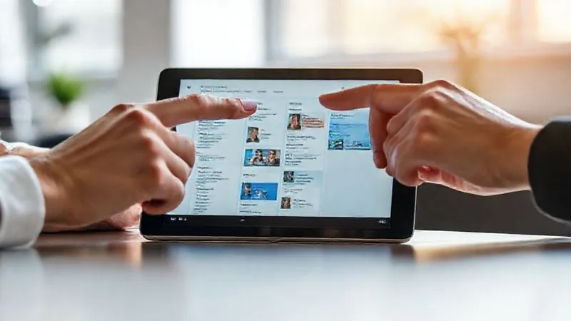 A photorealistic image of two hands, one belonging to a freelancer and one to a client, both interacting with a shared Trello board on a tablet. The hands are gesturing and pointing at different cards, indicating collaborative discussion and progress tracking. The setting is a bright, modern office or co-working space, conveying professionalism and teamwork. Cinematic lighting, sharp focus on the hands and tablet screen, depth of field blurring the background, 8K hyper-detailed, professional photography, shot on a high-end DSLR.