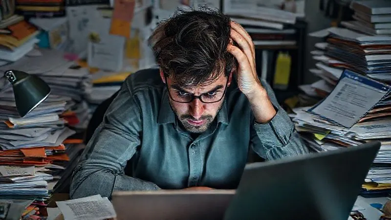 A photorealistic image of a freelancer looking stressed and overwhelmed, surrounded by a chaotic desk with piles of papers, sticky notes, and multiple open browser tabs on a laptop. Dark circles under eyes, head in hands. Cinematic lighting, sharp focus on the freelancer, depth of field blurring the background, 8K hyper-detailed, professional photography, shot on a high-end DSLR.