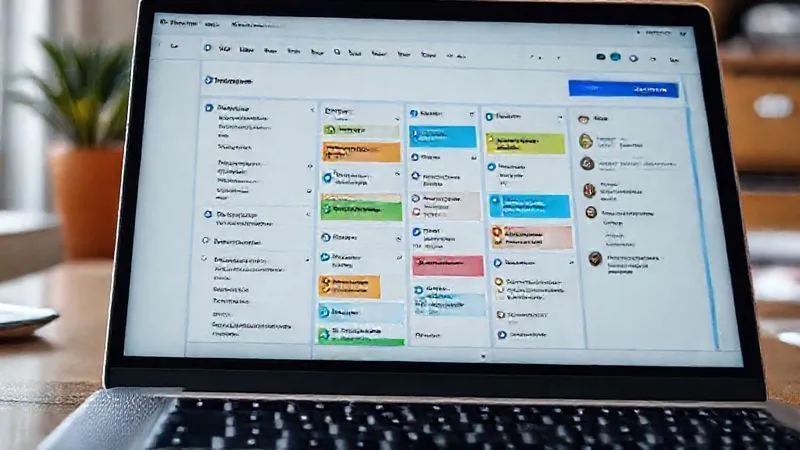 A photorealistic close-up of a laptop screen showing a highly organized Trello board for a freelancer. The board has multiple lists like 'To Do', 'Doing', 'Review', 'Done', with colorful cards, due dates, checklists, and a 'Calendar' Power-Up visible. The screen is sharp, with cinematic lighting, depth of field, 8K hyper-detailed, professional photography, shot on a high-end DSLR.