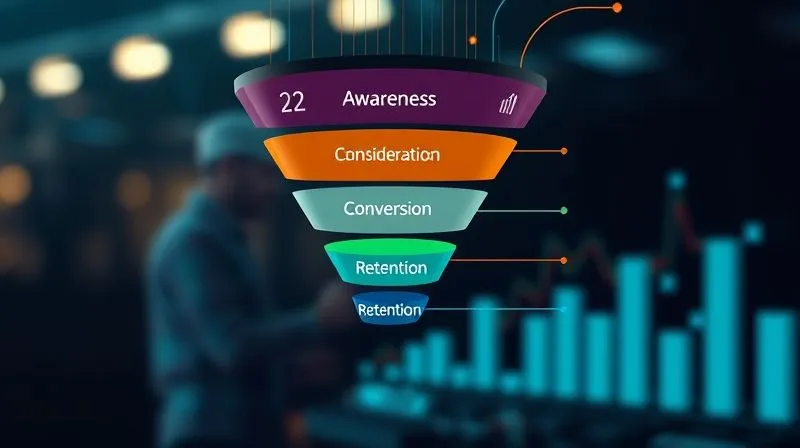 A photorealistic visualization of a complex digital marketing funnel, with distinct stages labeled 'Awareness', 'Consideration', 'Conversion', 'Retention', showing data flowing smoothly between them. Cinematic lighting, sharp focus, depth of field blurring the background, 8K hyper-detailed, shot on a high-end DSLR.