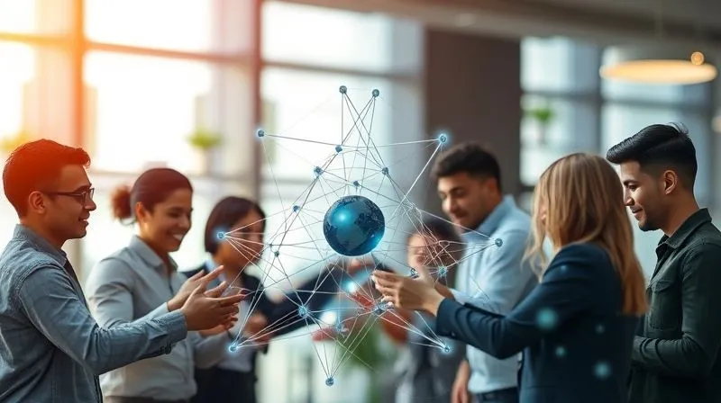 A photorealistic image of a diverse group of people (affiliates, partners, customers) collaboratively building a complex digital structure, symbolizing network growth and strategic alliances. Cinematic lighting, sharp focus on the group, depth of field blurring the background, 8K hyper-detailed, shot on a high-end DSLR.