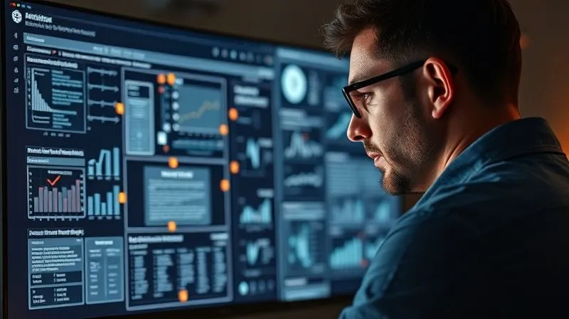 photorealistic, professional photography, 8K, cinematic lighting, sharp focus, depth of field, shot on a high-end DSLR. A skilled UI designer, focused intently on a complex wireframe on a large monitor, with subtle glowing lines connecting elements of the interface to business metrics like conversion rates and user engagement, visually representing the impact of design beyond aesthetics. The scene should emphasize strategic thinking.