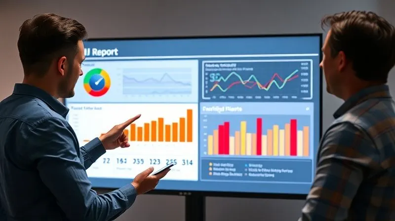 photorealistic, professional photography, 8K, cinematic lighting, sharp focus, depth of field, shot on a high-end DSLR. A UI designer presenting a compelling report on a large screen, showing clear, vibrant data visualizations (charts, graphs) that illustrate significant improvements in user engagement and conversion rates. The designer is pointing confidently to a key metric, with a client looking on with understanding and approval. The scene should convey clarity, data-driven insights, and professional impact.
