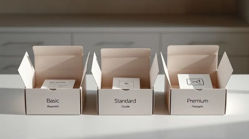 A photorealistic image of three distinct, elegant elegantly designed product boxes arranged in a row on a clean, minimalist table. Each box represents a different service package: 'Basic', 'Standard', and 'Premium', with subtle visual cues indicating increasing value. The boxes are open, revealing stylized digital assets like a blueprint, a guide, and a video icon. Cinematic lighting, sharp focus, depth of field. 8K hyper-detailed, professional photography, shot on a high-end DSLR.