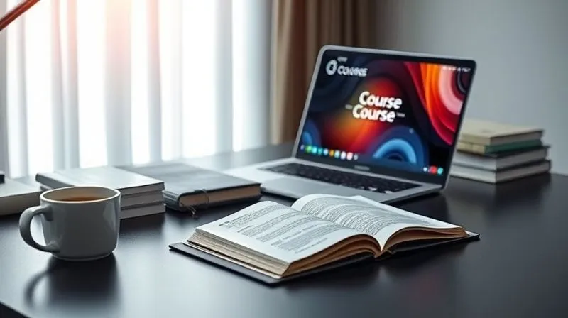 A photorealistic image of a sleek, modern desk setup with a laptop displaying a vibrant online course platform, an open e-book on a tablet, and a neatly organized stack of physical templates. A coffee cup sits nearby. The scene conveys productivity and digital learning assets. Cinematic lighting, sharp focus, depth of field. 8K hyper-detailed, professional photography, shot on a high-end DSLR.