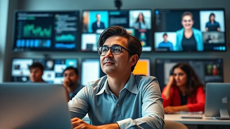 A photorealistic image depicting a diverse, remote team collaborating efficiently on a video call, with multiple screens showing different tasks like data analysis, content creation, and project management. The central figure, a consultant, is looking relaxed and focused on strategic planning, not bogged down by operational tasks. Cinematic lighting, sharp focus on the consultant's serene expression, depth of field. 8K hyper-detailed, professional photography, shot on a high-end DSLR.