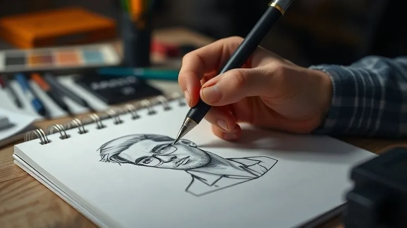 A photorealistic close-up of a designer's hand sketching a detailed client persona profile on a notepad, with a blurred background of design tools, cinematic lighting, 8K.
