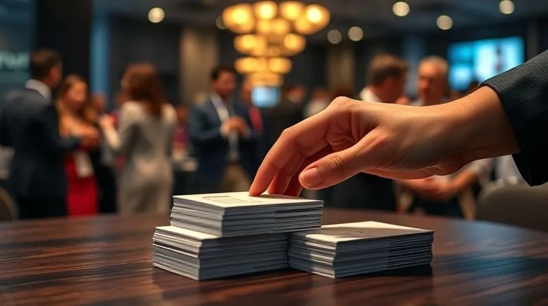 A photorealistic image of a neatly organized stack of elegant business cards on a dark wooden table, with a hand reaching for one, a blurred background of a bustling networking event, cinematic lighting, 8K.