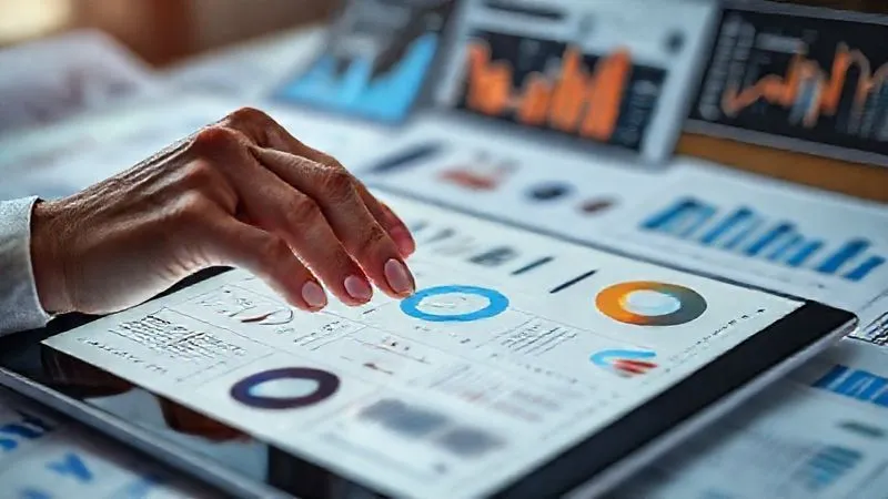 A photorealistic image of a designer's hands meticulously analyzing data on a tablet, with complex graphs and charts, surrounded by a thoughtful, problem-solving atmosphere. Cinematic lighting, sharp focus, 8K hyper-detailed.