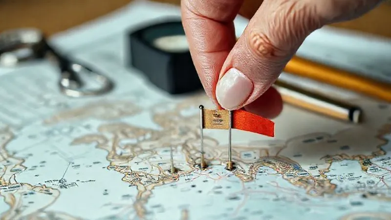 Photorealistic, professional photography, 8K, cinematic lighting, sharp focus, depth of field, shot on a high-end DSLR. A hand placing a small, shiny metal flag onto a detailed miniature map, symbolizing project milestones. Each flag is labeled with a percentage and a brief description, indicating progress. The background is a blurred blueprint and digital tools, representing strategic planning.
