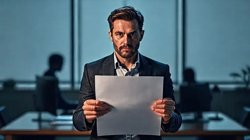 Photorealistic, professional photography, 8K, cinematic lighting, sharp focus, depth of field, shot on a high-end DSLR. A freelancer with a determined expression, holding a formal letter, standing in front of a blurred silhouette of a client across a desk, symbolizing a difficult but necessary negotiation or legal step. The lighting is dramatic, highlighting the freelancer's resolve.