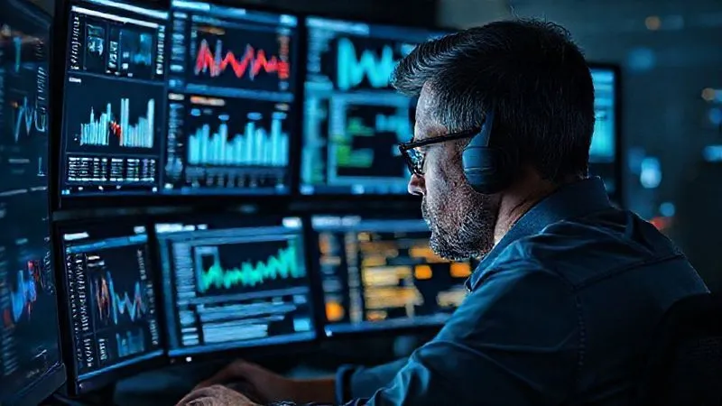 Photorealistic, professional photography, 8K, cinematic lighting, sharp focus, depth of field, shot on a high-end DSLR. A freelancer intensely looking at multiple computer screens displaying company profiles, financial reports, and social media feeds, symbolizing thorough client due diligence. The atmosphere is serious and focused, with data streams subtly flowing across the screens.