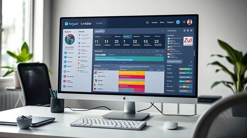A photorealistic image of a freelancer's organized digital dashboard on a large monitor, displaying a clear project timeline and task list with color-coded priorities. The workspace is minimalist and tidy, with natural light, sharp focus on the screen, depth of field blurring the background, 8K hyper-detailed, cinematic lighting, professional photography, shot on a high-end DSLR.