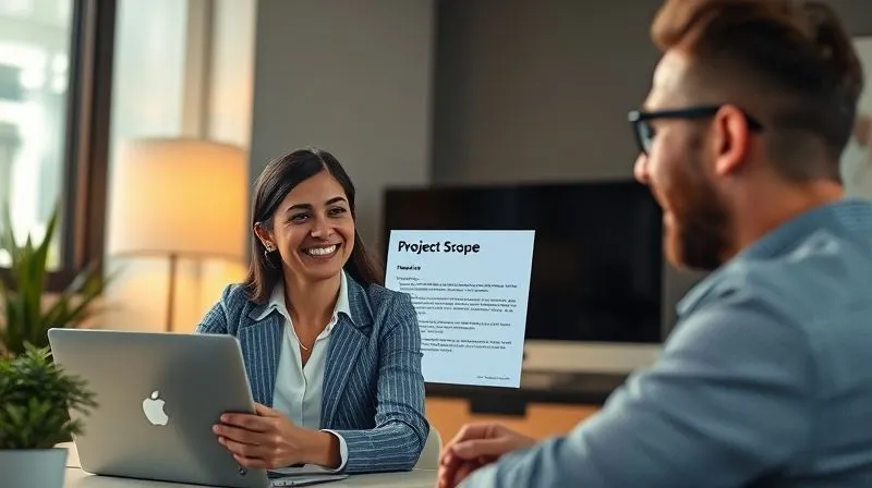 A photorealistic image of a freelancer having a calm, professional video call with a client, both smiling and looking engaged. The freelancer's posture is confident, and a clear 'Project Scope' document is visible on their screen, emphasizing transparent communication and boundary setting. Cinematic lighting, sharp focus, depth of field, 8K hyper-detailed, professional photography, shot on a high-end DSLR.