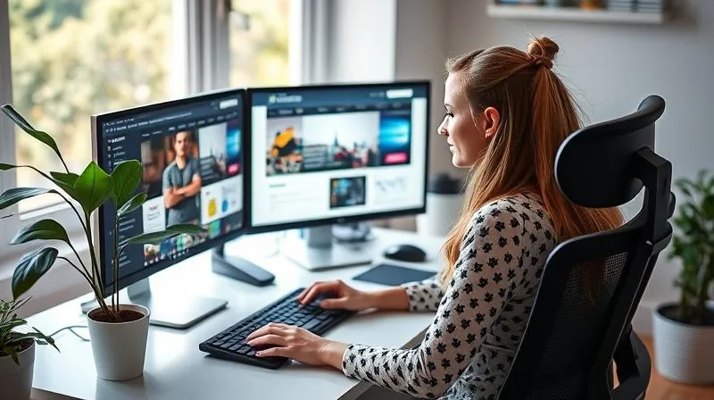 A photorealistic image of a female web designer, Sofia, in a state of 'flow' at her ergonomic desk, focused on a vibrant web design on her large monitor. Her workspace is clean and organized, with a plant adding a touch of nature. Soft, natural light illuminates the scene, capturing a sense of calm productivity and accomplishment. Sharp focus on Sofia and her screen, depth of field blurring the background, 8K hyper-detailed, cinematic lighting, professional photography, shot on a high-end DSLR.