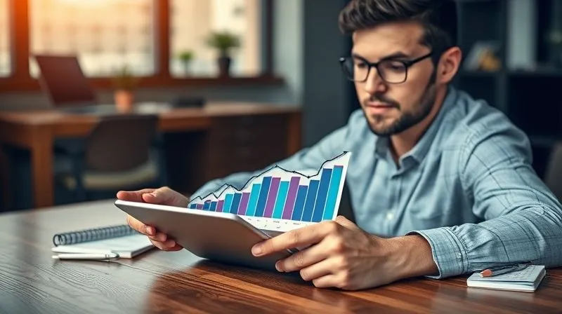 A photorealistic image of a freelancer reviewing a digital progress chart on a tablet, with a thoughtful expression. The chart shows clear upward trends and completed milestones. A planner and pen are on a wooden desk beside the tablet, suggesting strategic analysis. Cinematic lighting, sharp focus on the tablet and freelancer's face, depth of field blurring a modern office background, 8K hyper-detailed, professional photography, shot on a high-end DSLR.