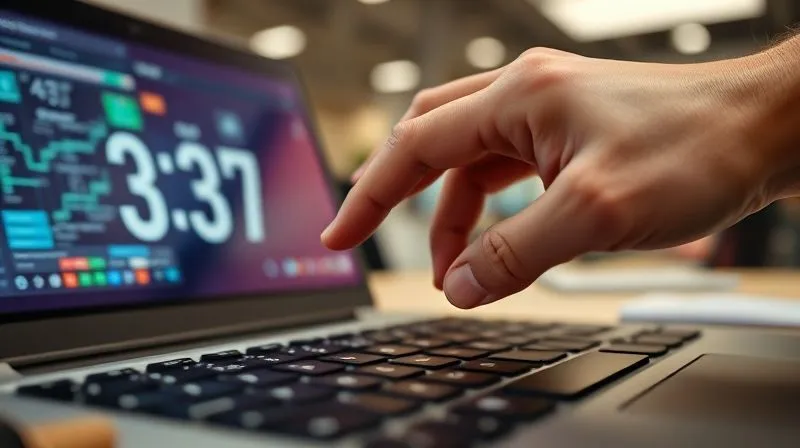 A photorealistic image of a digital clock accelerating rapidly, with a freelancer's hand hovering over a keyboard, symbolizing time-saving and efficiency through automation. The background is a blurred office setting with digital elements. Cinematic lighting, sharp focus, depth of field, 8K, shot on a high-end DSLR.