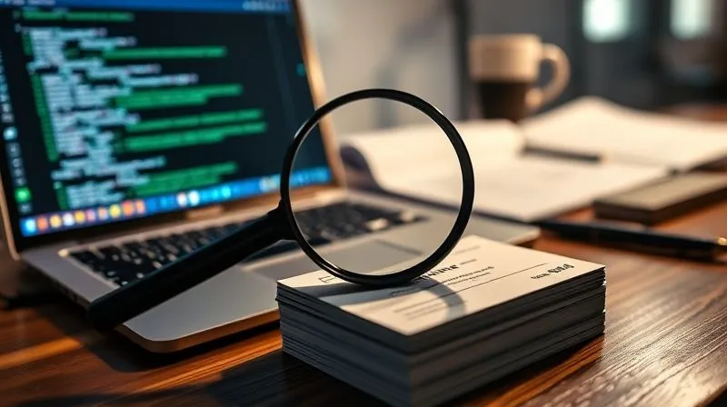 A photorealistic image of a busy desk with a laptop displaying code and a spreadsheet. On the desk, a magnifying glass hovers over a stack of business cards, symbolizing data collection and precise targeting. Cinematic lighting, sharp focus, depth of field, 8K, shot on a high-end DSLR.