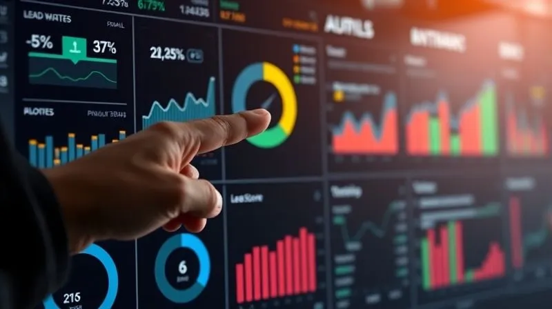 A photorealistic image of a complex digital dashboard displaying various metrics like email open rates, click-through rates, and lead scores, with arrows indicating optimized flows. A hand points to a key performance indicator. Cinematic lighting, sharp focus, depth of field, 8K, shot on a high-end DSLR.