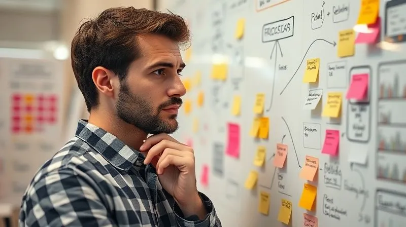 A photorealistic image of a freelancer looking intently at a whiteboard filled with sticky notes and mind maps, representing market research and problem validation. The freelancer has a thoughtful expression, surrounded by data points and potential solutions. Cinematic lighting, sharp focus on the whiteboard, depth of field blurring the background, 8K hyper-detailed, professional photography.