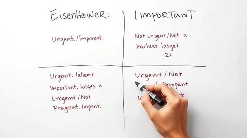 A photorealistic image of a whiteboard with a neatly drawn Eisenhower Matrix. The four quadrants are clearly labeled: "Urgent/Important," "Not Urgent/Important," "Urgent/Not Important," "Not Urgent/Not Important." Inside each quadrant are handwritten notes representing typical freelancer tasks, with a hand holding a marker pointing to the "Not Urgent/Important" section. Professional photography, 8K, cinematic lighting, sharp focus, depth of field.