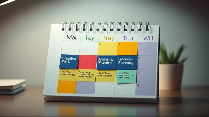 A photorealistic image of a minimalist desk calendar or digital planner displaying a color-coded weekly schedule. Each day has a distinct color or label for "Creative Work," "Admin & Marketing," "Client Meetings," and "Learning & Planning," with a relaxed, adaptive feel. Cinematic lighting, professional photography, 8K, sharp focus, depth of field.