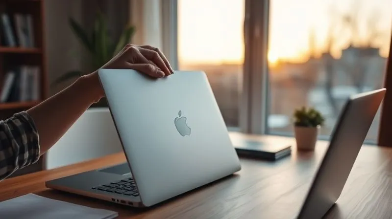 A photorealistic image of a freelancer closing a laptop lid with a sense of calm and relief, looking out a window at a peaceful evening scene. The desk is tidy, suggesting a completed workday, and soft, warm cinematic lighting fills the room. Professional photography, 8K, sharp focus on the hands and laptop, depth of field blurring the background.