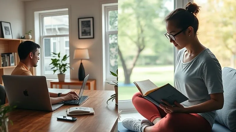 A photorealistic image showing a balanced life: one side depicts a freelancer working on a laptop in a well-lit home office, while the other side shows the same person engaging in a relaxing outdoor activity like yoga in a park or reading a book by a window. The image conveys harmony and well-being. Professional photography, 8K, cinematic lighting, sharp focus, depth of field.