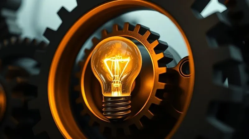 A photorealistic image of a single, glowing lightbulb inside a meticulously crafted, intricate gear mechanism, symbolizing a unique idea or purpose driving a complex system (like a brand). The gears are in motion, representing dynamic value. Cinematic lighting, sharp focus on the lightbulb and gears, depth of field blurring a distant, abstract background. Shot on a high-end DSLR, 8K hyper-detailed.