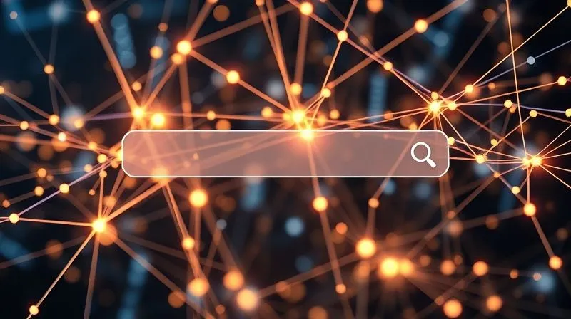 A photorealistic image of a complex, glowing network of digital connections and data streams, converging towards a single, prominent search bar in the foreground. The search bar is sharp and clear, with a subtle magnifying glass icon. The background is a blurred tapestry of information, symbolizing the vastness of the internet. Cinematic lighting emphasizes the glow of the data, creating a sense of discovery and visibility. Shot on a high-end DSLR, 8K hyper-detailed.