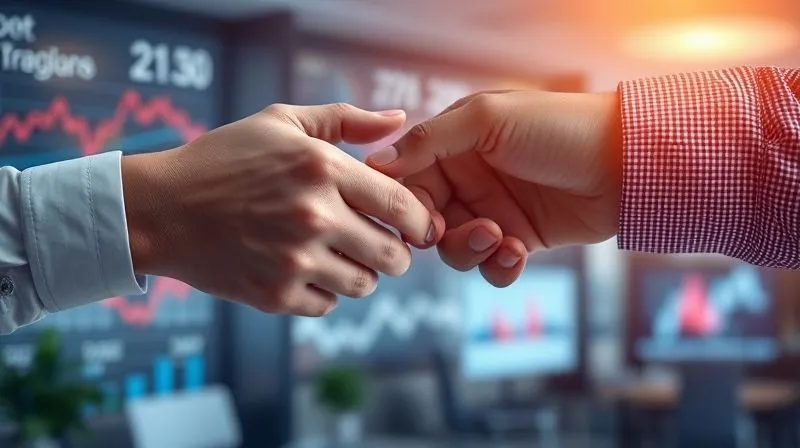 A photorealistic image of two hands, one slightly larger than the other, gently interlocking fingers in a gesture of collaboration and partnership. The background is a subtly blurred, modern office environment with digital graphs and charts, symbolizing business growth through connection. Cinematic lighting highlights the hands, creating a warm and trustworthy atmosphere. Sharp focus on the interlocking fingers, with depth of field blurring the background. Shot on a high-end DSLR, 8K hyper-detailed.