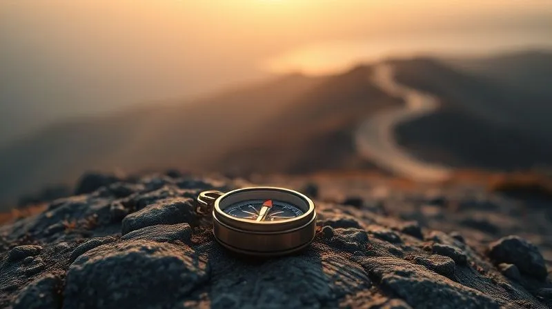 A photorealistic image of a lone compass, glowing faintly, pointing steadily towards a distant, bright horizon. The compass is placed on a rugged, yet beautiful, terrain, symbolizing a journey. The background features a winding path that stretches into the distance, representing consistency and continuous progress. Cinematic lighting, sharp focus on the compass, depth of field blurring the expansive landscape. Shot on a high-end DSLR, 8K hyper-detailed.