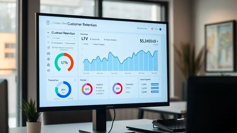 A photorealistic, professional photography, 8K, cinematic lighting, sharp focus, depth of field, shot on a high-end DSLR, depicting a clean, modern digital dashboard on a large monitor. The dashboard displays key performance indicators for customer retention, including LTV, churn rate, and NPS, visualized with clear, color-coded graphs and gauges, set in a well-lit, organized office environment. The screen shows a positive trend, evoking a sense of control and clarity.
