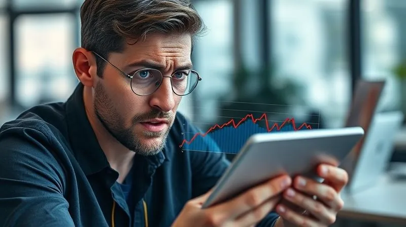 A photorealistic, professional photography, 8K, cinematic lighting, sharp focus, depth of field, shot on a high-end DSLR, showing a worried freelancer looking at a line graph on a tablet, which displays a downward trend in customer engagement metrics. The graph has a red warning indicator, and the freelancer's expression conveys concern and focus on identifying the problem, with a slightly blurred office background.