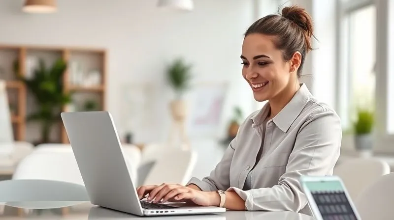A photorealistic, professional photography, 8K, cinematic lighting, sharp focus, depth of field, shot on a high-end DSLR, showing a happy and confident female freelancer smiling, looking at a laptop screen displaying a vibrant, upward-trending graph representing increased customer retention and satisfaction. The background is a bright, modern office space, evoking success and client loyalty.