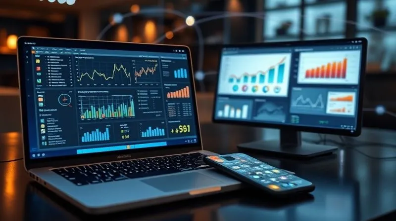 A photorealistic, professional photography, 8K, cinematic lighting, sharp focus, depth of field, shot on a high-end DSLR, showing a network of interconnected digital devices (laptop, tablet, smartphone) displaying various analytics dashboards and automated marketing workflows, with subtle glowing lines connecting them, symbolizing seamless automation and data flow in a sophisticated freelance setup.