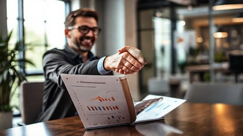 A photorealistic image of a marketing freelancer and a happy client shaking hands over a beautifully designed report showcasing significant growth. The report features engaging visuals and a clear narrative of success. Cinematic lighting, sharp focus on the interaction and the report, depth of field blurring a modern office background. 8K hyper-detailed, professional photography, shot on a high-end DSLR.
