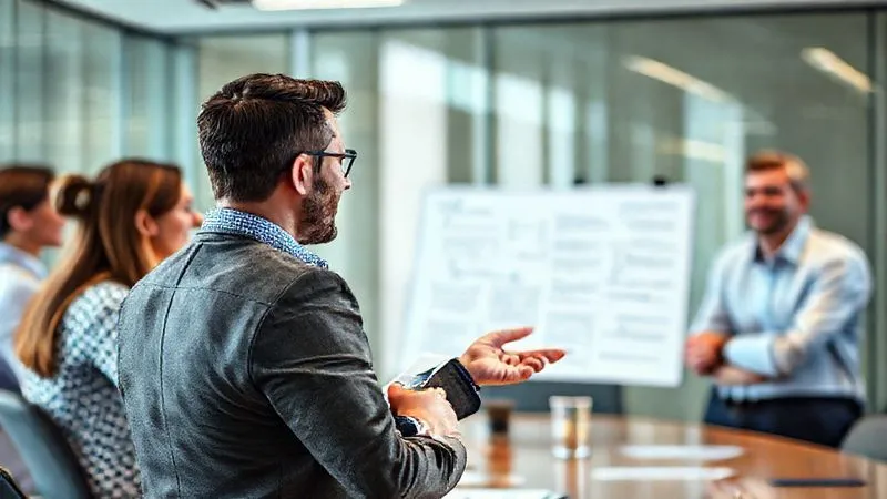 A photorealistic image of a marketing freelancer, confidently presenting a project success story to a group of satisfied clients in a modern boardroom. The clients are nodding approvingly, a sense of shared accomplishment visible. Cinematic lighting, sharp focus on the presenter and key clients, depth of field blurring the background. 8K hyper-detailed, professional photography, shot on a high-end DSLR.