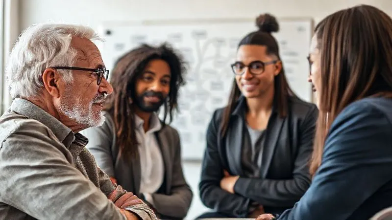 A photorealistic image of a diverse group of professionals engaged in a dynamic mentoring session, one older, experienced mentor actively listening to a younger freelancer, both with expressions of deep thought and engagement. The setting is a bright, modern co-working space, with a whiteboard in the background featuring a blurred mind map. Professional photography, 8K, cinematic lighting, sharp focus on the interaction, depth of field blurring the background, shot on a high-end DSLR.