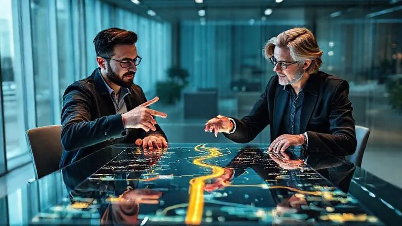 A photorealistic image of a freelancer and a mentor collaborating on a large, glowing digital roadmap projected onto a modern glass table. The roadmap shows clear milestones and paths extending into the future. Both individuals are pointing to different sections of the map with focused expressions, surrounded by a subtle aura of innovation and strategy. Professional photography, 8K, cinematic lighting, sharp focus on the roadmap and their hands, depth of field blurring the futuristic office background, shot on a high-end DSLR.