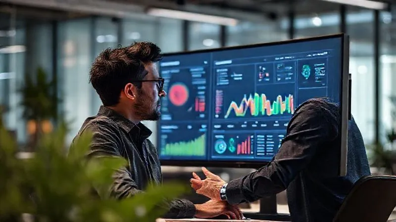 A photorealistic image of a freelancer diligently reviewing a dashboard of performance metrics on a large monitor, with a mentor figure leaning in and offering thoughtful, constructive feedback. The atmosphere is collaborative and focused, highlighting data analysis and strategic adjustments. Professional photography, 8K, cinematic lighting, sharp focus on the screen and their faces, depth of field blurring the modern office background, shot on a high-end DSLR.