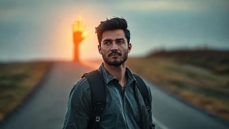 A photorealistic image of a resilient freelancer, with a determined yet calm expression, standing at a crossroads. One path is clear and bright, guided by a subtle, glowing hand of mentorship, while the other is shadowed with potential obstacles. The freelancer looks confidently towards the guided path. Professional photography, 8K, cinematic lighting, sharp focus on the freelancer, depth of field blurring the background, shot on a high-end DSLR.