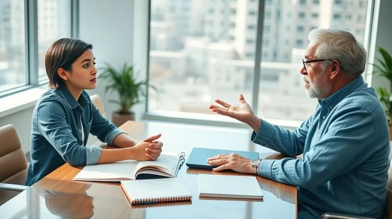 A photorealistic image of a young, determined freelancer sitting across a table from an older, wise-looking business mentor. They are in a modern, sunlit office, engaged in a deep conversation, with open notebooks and a tablet on the table. The mentor is gesturing with an open hand, conveying guidance and wisdom, while the freelancer is listening intently, taking notes. Cinematic lighting, sharp focus on their faces and the interaction, depth of field blurring the background office elements, 8K hyper-detailed, shot on a high-end DSLR. The atmosphere is one of focused learning and profound connection.